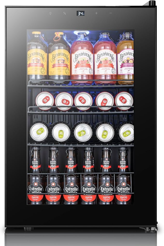 Yeego Beverage Refrigerator Drink Cooler, 85 Cans Mini Fridge Glass Door | Soda Wine Beer Cooler, 34°F To 54°F Temperature Control, for Home Office Bar, Adjustable Shelves,Freestanding, Black