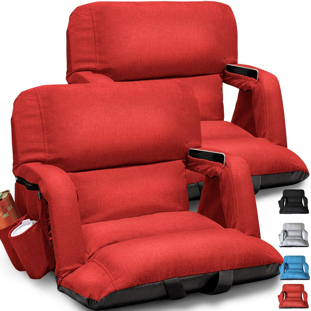 Skiennix Wide Stadium Seats - Extra Thick Bleacher Chairs with Back Support & Cushion | 2-Pack, 6 Reclining Positions, Red (22.5")