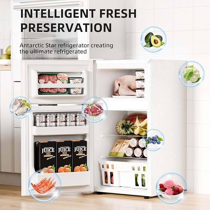 Antarctic Star Compact Refrigerator with Freezer,2 Door Mini Fridge,Adjustable Shelf,Adjustable Thermostat,for Bedroom,Office,Dorm,Kitchen,3.2 Cu.Ft.WHITE