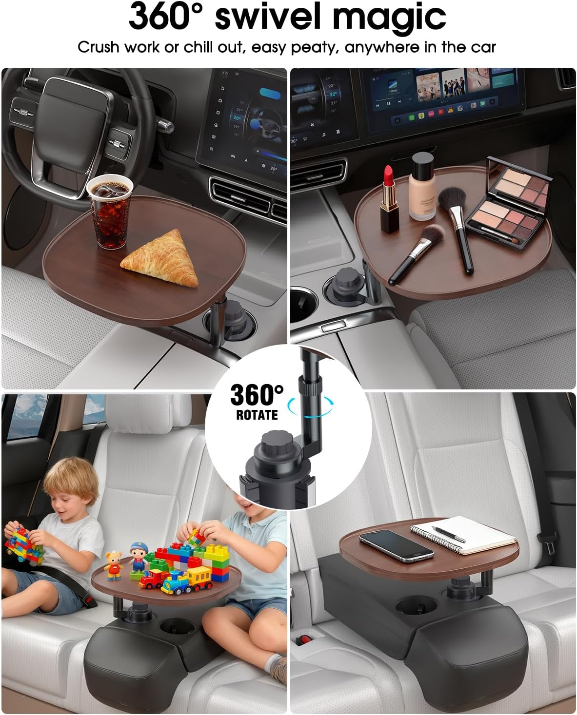 Car Tray Table & Car Laptop Desk - Height Adjustable 360° Swivel Tripod, Solid Wood Car Laptop Mount & Cup Holder Table-Steering Wheel Tray for Dining, Home, Outdoor Picnic, Hiking & Traveling (Oval)