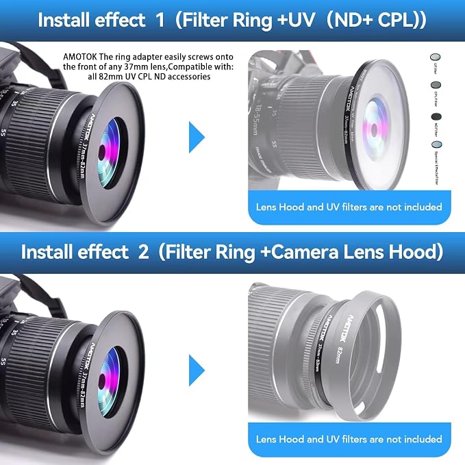 37mm Lens to 82mm Camera Lens Adapter, 37mm to 82mm Filter Step-up Ring Adapter