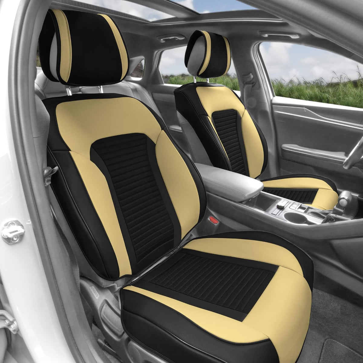 FH Group Front Set Faux Leather Car Seat Covers for Low Back Seat, Universal Fit, Airbag Compatible Car Seat Cushions for SUV, Sedan, Beige