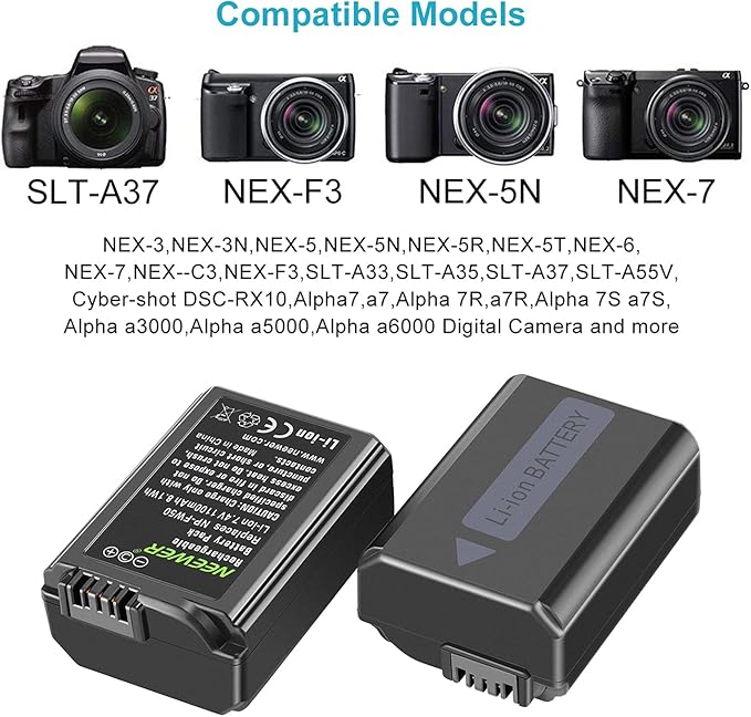 Neewer 2-Pack NP-FW50 Replacement Battery and Dual USB Charger Compatible