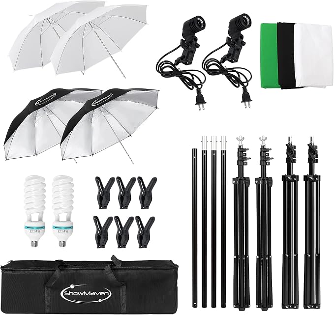 ShowMaven Photography Lighting, 6.5ft x 10ft Backdrop Stand and Umbrellas