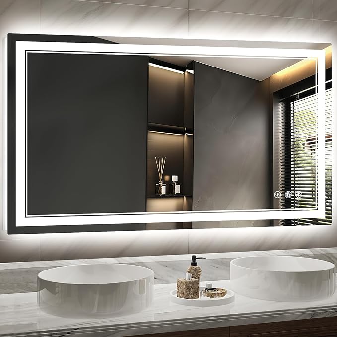 LED Bathroom Mirror with Lights: 60"x36" Wall Mounted Large Lighted Mirrors Fogless, Anti-Fog,Dimmable,Memory Function, Shatterproof Tempered Glass, Espejos para Baños, ETL Listed