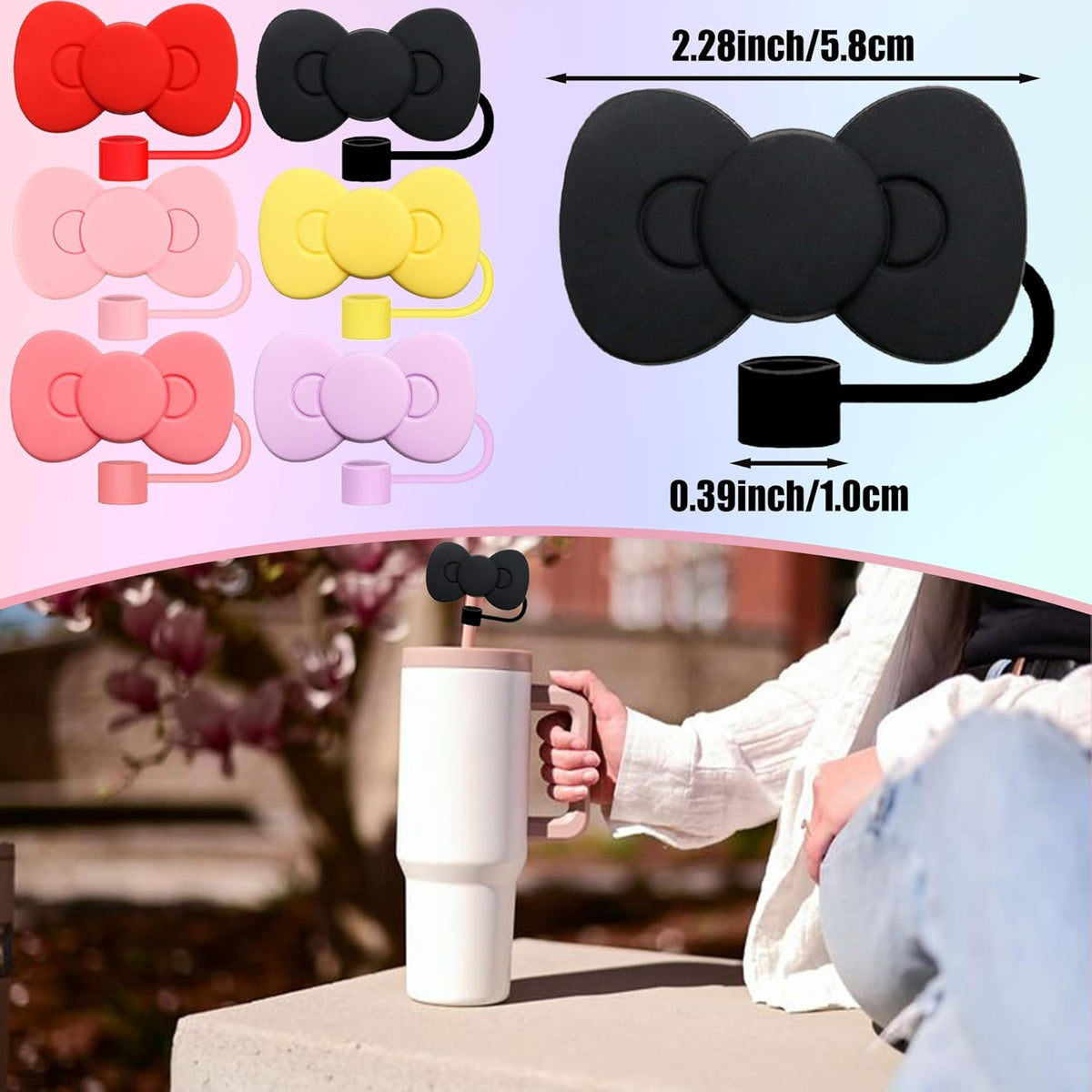 Skiennix Cute Bow Silicone Straw Toppers - 6 Bow-Shaped Covers for Stanley Cups 30 & 40 Oz Tumbler