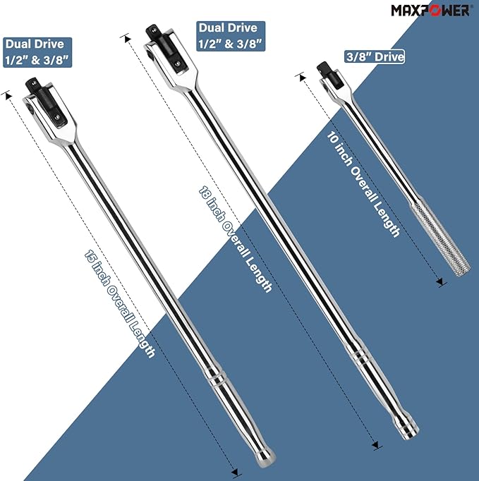 MAXPOWER 3Pcs Breaker Bar Set, Included 15 inch and 18 inch Breaker Bar with Dual Drive 1/2" and 3/8", 1/2" drive Short Bar 10"