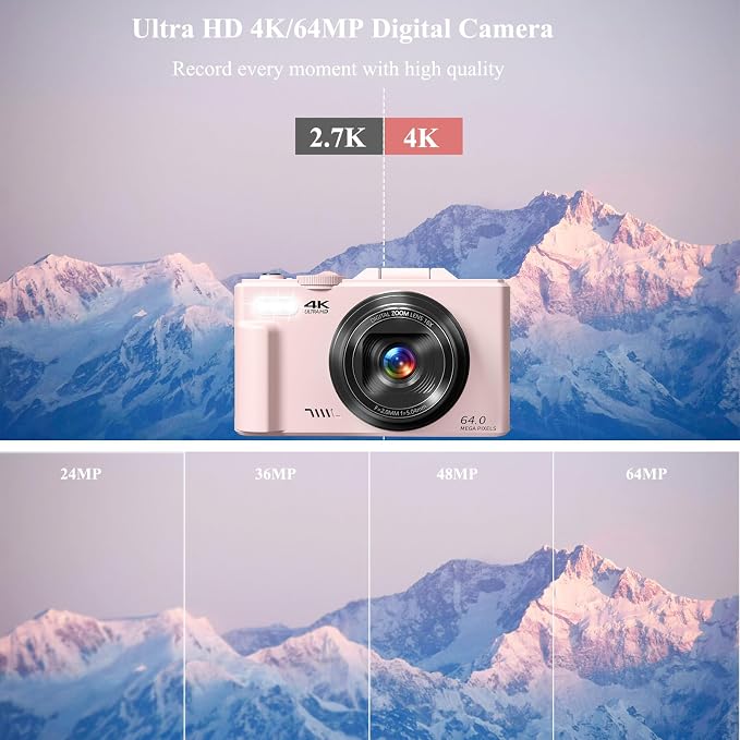 4K Digital Camera for Photography, 64MP Vlogging Camera for YouTube, WiFi Vlog
