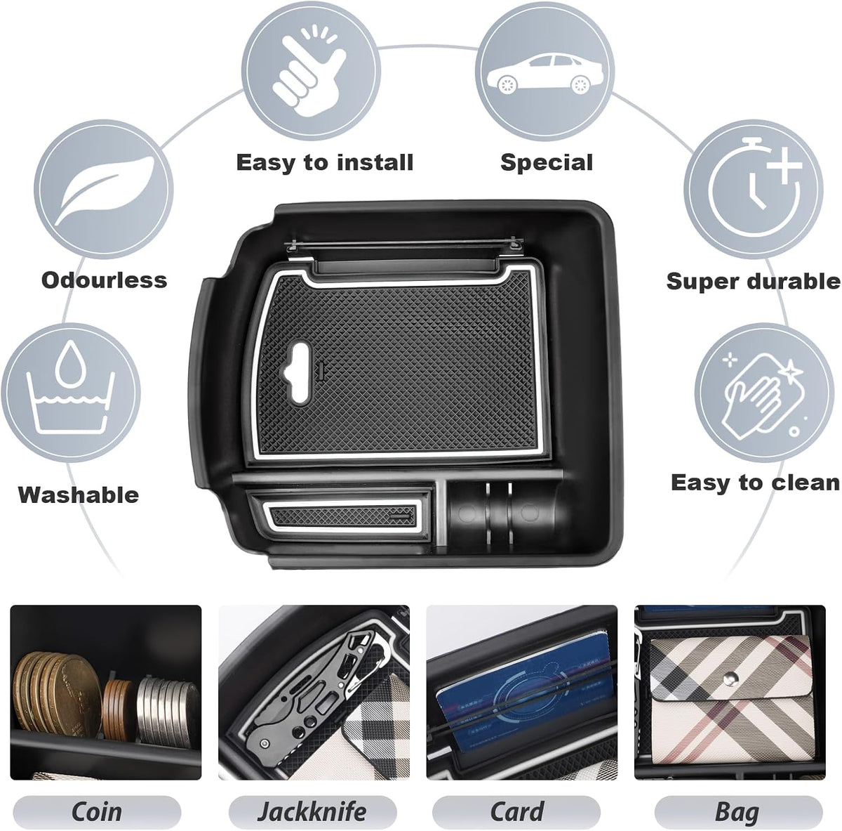 SKTU for 2021-2024 2025 2026 Kia Seltos Center Console Organizer 2024 2025 2026 Seltos Accessories Insert ABS Materials Tray 2025 Seltos Armrest Box Glove Secondary Storage Box with Coin and USB Hole