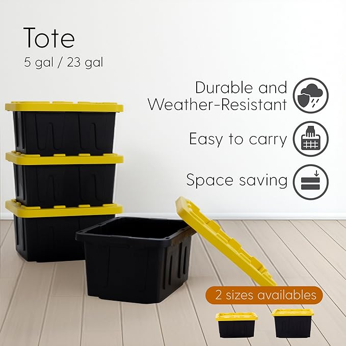 Plastic 23-Gallon Storage Tote with Lockable Lid, Stackable Tough Regular-Duty Bin for Garage, Tools, and Home Organization (2-Pack) - Black and Yellow