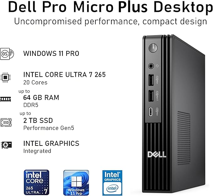 Dell Pro Micro Plus Mini PC, Intel 20-Core Ultra 7 265, 16GB RAM, 1TB SSD | AI Copilot, WiFi 6, Bluetooth, 4 DisplayPort + 2 Type-C, Windows 11 Pro, Next Gen OptiPlex 7000 MFF Desktop Computers