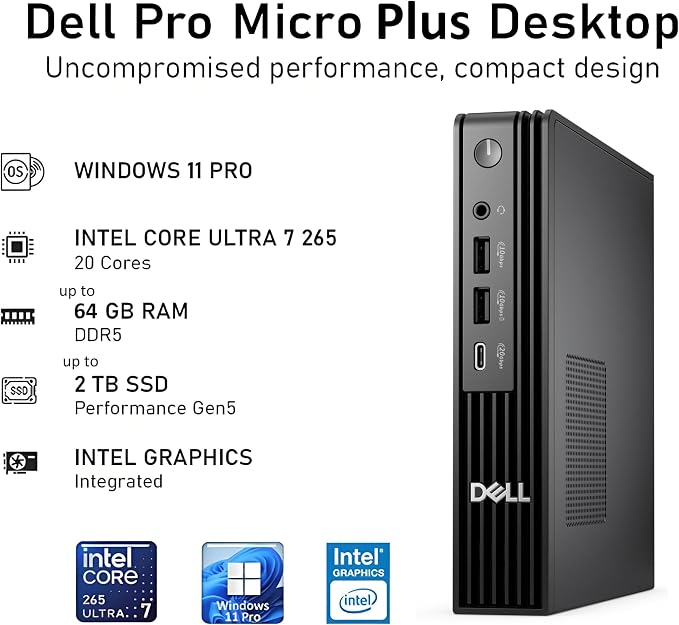 Dell Pro Micro Plus Mini PC, Intel 20-Core Ultra 7 265, 32GB RAM, 1TB SSD | AI Copilot, WiFi 6, Bluetooth, 4 DisplayPort + 2 Type-C, Windows 11 Pro, Next Gen OptiPlex 7000 MFF Desktop Computers