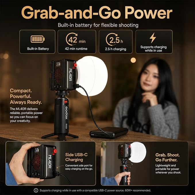 Godox ML40R RGB LED Video Light, Portable COB Photography Light