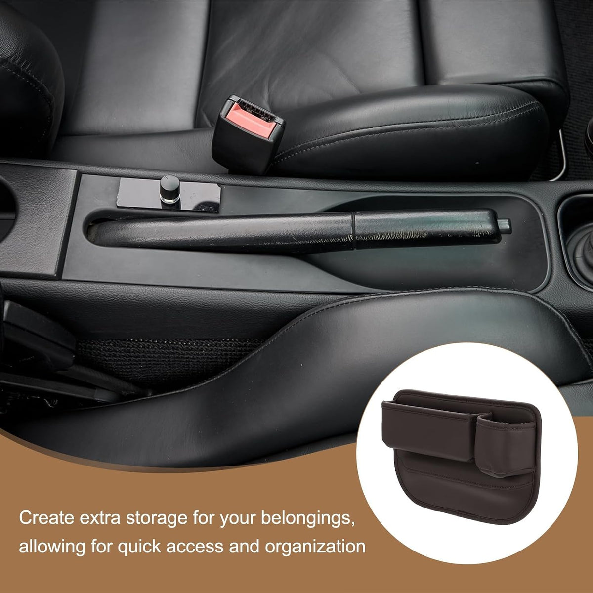 HARFINGTON Car Seat Gap Filler Organizer 11.8 x 8.3 x 2.2 Inch PU Universal Car Organizer Storage Box Between Seat and Console (Left) with Cup Holders for Phone Sunglasses Keys, Brown
