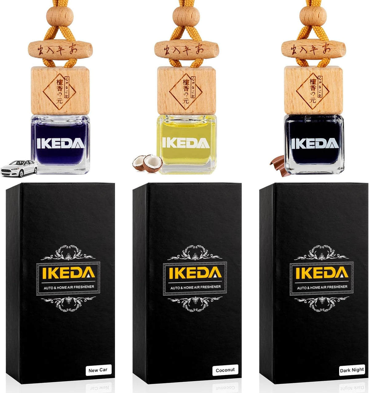 Ikeda Car Air Freshener, Hanging Essential Oil Diffuser For Automotive, 45+ days Long Lasting Fragrance, Includes: Dark Night and Coconut and New Car (10ml Pack of 3)