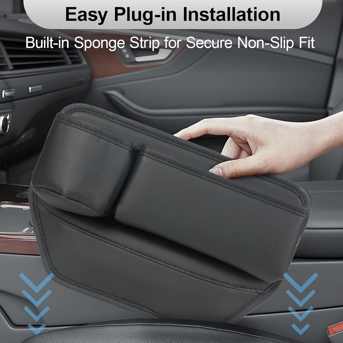 TPQKA Car Seat Gap Filler with Cup Holder (2-Pack) for Driver & Passenger Side, PU Leather Seat Gap Plug Organizer for Phones Keys Cards, Universal Fit for Cars SUVs Trucks, Black