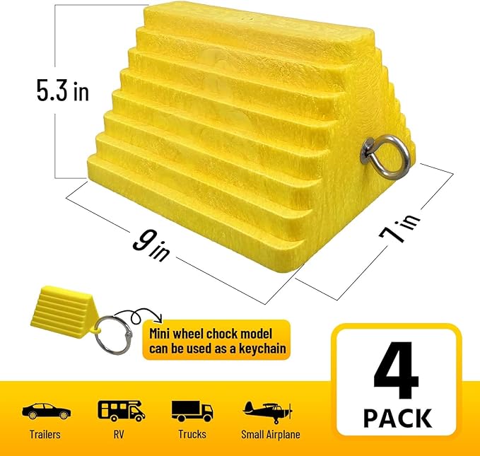 ROBLOCK 4 Packs Wheel Chocks Heavy Duty Yellow with Eyebolt for Travel Trailer Camper, Truck, Car and ATV(Yellow)
