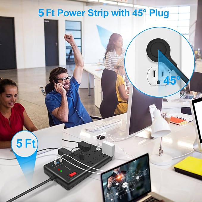 Surge Protector Power Strip-15 Widely Spaced Outlets and 4 USB Ports(1 USB C Port),14 AWG Extension Cord,1875W/15A Heavy Duty Power Strip Surge Protector 5 ft Cord,2800J,Black