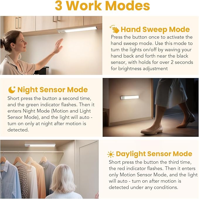 Under Cabinet Lighting with Hand Wave, 56 LED Motion Sensor Light, Rechargeable Closet Lights with 3 Color Temps, 9 Inch Dimming Magnetic Strip Night Lights for Kitchen, Wardrobe, Stairs (2 Pack)