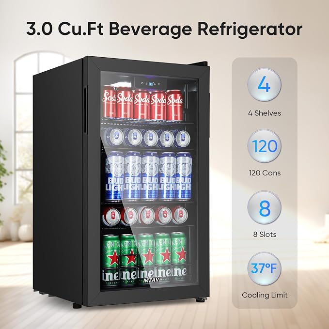 120 Cans Beverage Refrigerator Freestanding, Small Beverage Cooler with Glass Door, Mini Drink Fridge for Beer Soda, 3.0 Cu.Ft for Office, Home, Bar, White LED Light & Reversible Door - Black