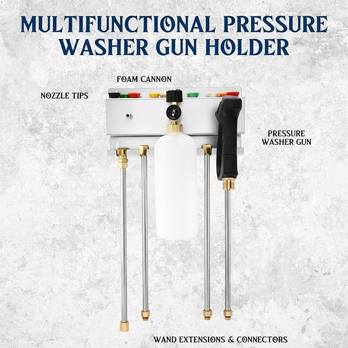 DoubleFill Pressure Washer Gun Holder, Wall Mount Foam Cannon Holder, Car Wash Accessories Organizer for Wand/Nozzle Tips, 1/4'' Pressure Washer Accessories Storage Rack (Silver)