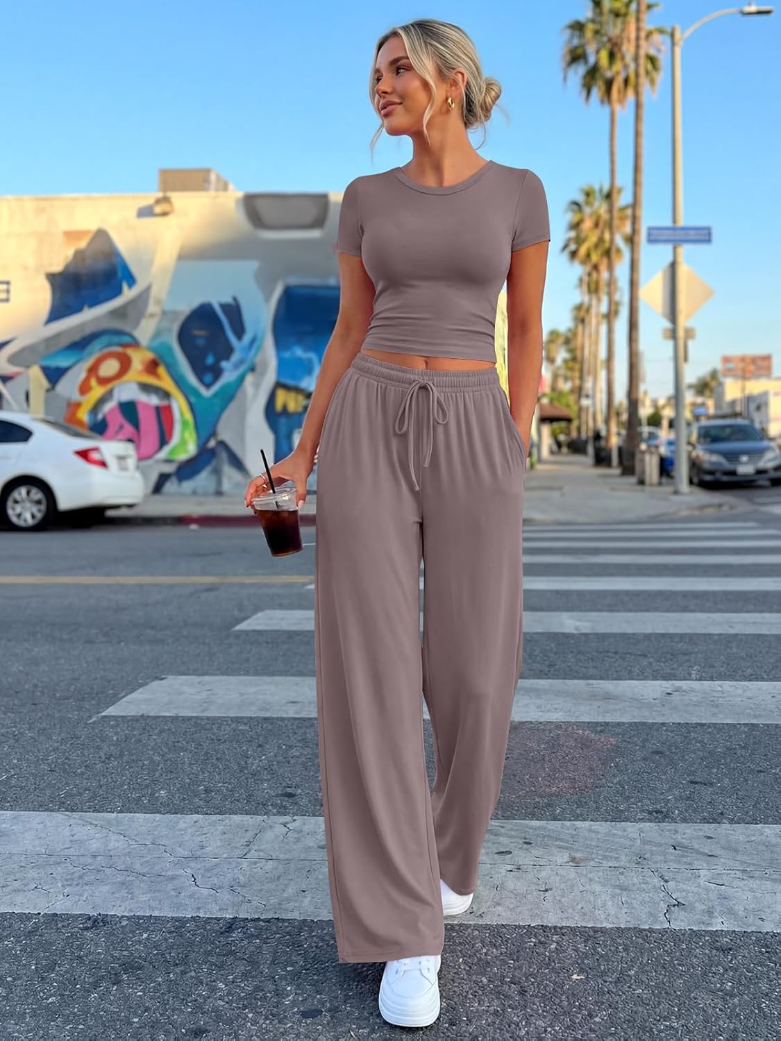 Trendy Queen 2 Piece Summer Sweatsuit | Women's Side Ruching Top & Wide Leg Pants Set with Pockets