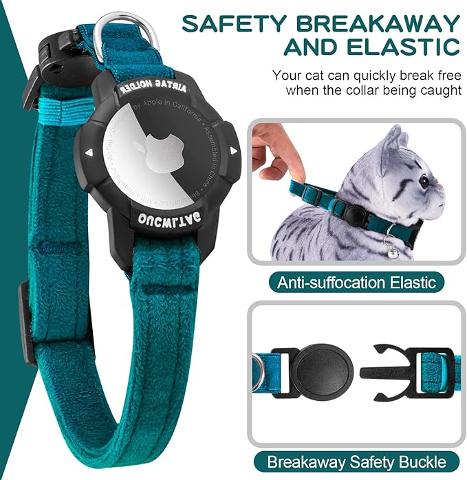Luminous AirTag Cat Collar Breakaway, OUCWLTAG GPS Cat Collar with Apple Air Tag Holder, Cat Tracker Collars with Safety Elastic Band for Girl Boy Cats, Kittens and Puppies (Blue, 7-10 Inch)