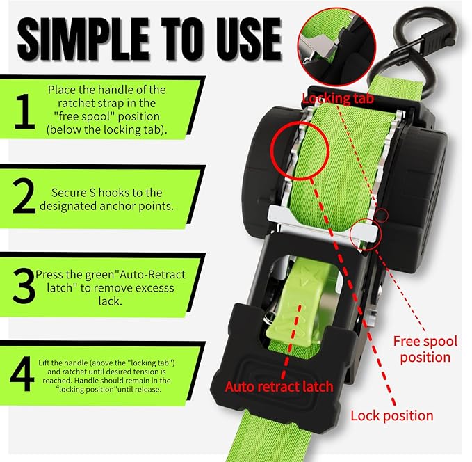 Retractable Ratchet Straps 1 Inch x 12 Feet Heavy Duty Tie Downs Auto Retract Strap 1760lb Break Strength,Self Retracting for Truck,Cargo,Trailer,Motorcycle,ATV,UTV (Fluorescent Green,2 Pack)