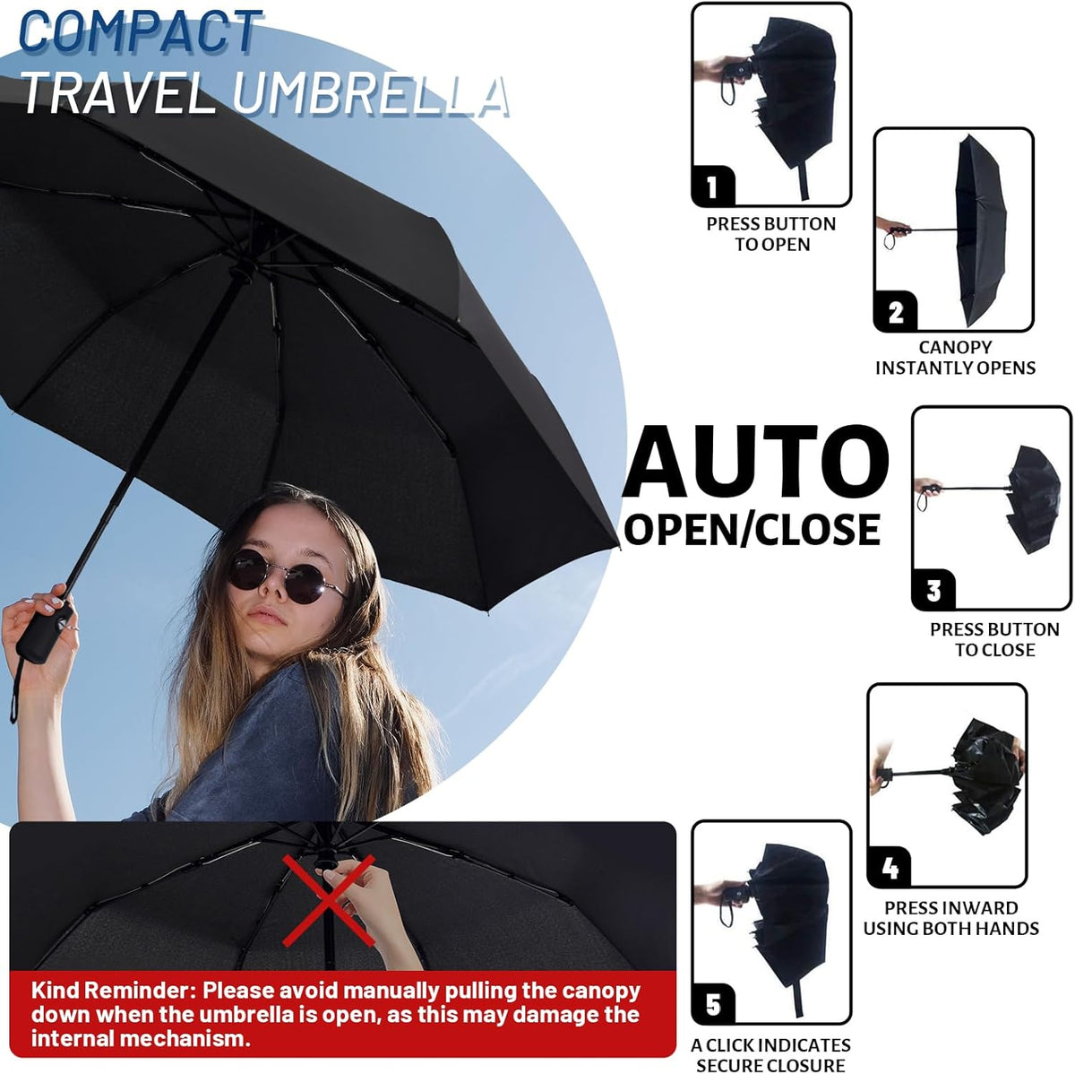 SY COMPACT Travel Umbrella - Windproof Automatic Design with UV Sun Protection | Compact Size