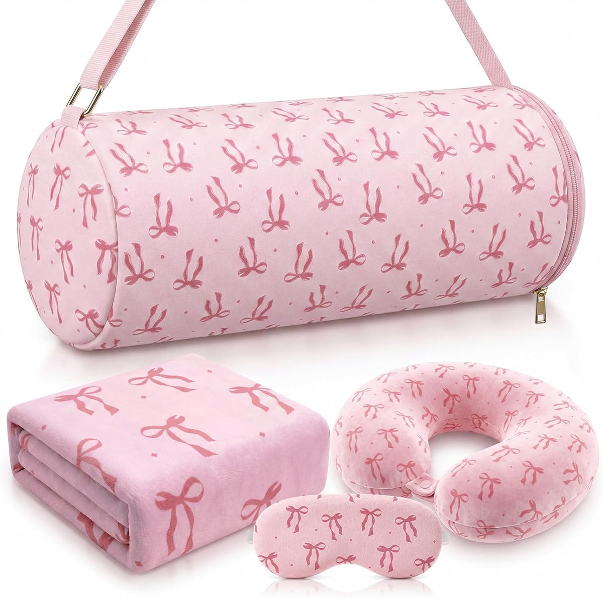 Moukeren 4 Pcs Pink Bow Travel Pillow and Blanket Set Memory Foam Neck Pillow Flannel Blanket Eye Mask Pink Bow Storage Bag for Airplane Essentials Car Train Travel for Girls Women Sleeping