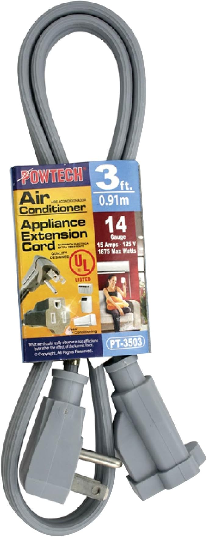 Heavy duty 3 FT Air Conditioner and Major Appliance Extension Cord UL Listed 14 Gauge, 125V, 15 Amps, 1875 Watts GROUNDED 3-PRONGED CORD