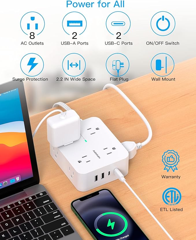 Extension Cord 15 Ft, Power Strip with 4 USB Ports(2 USB C), HANYCONY 8 Surge Protector Outlets with Flat Plug, Wall Mount, Desk for Home Office College Dorm Room Essentials