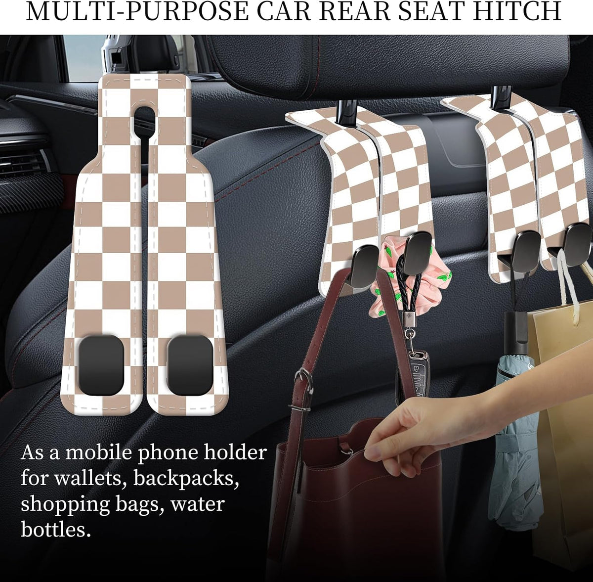 PU Leather Car Seat Hook, Storage Headrest Hanger, Cute Car Backseat Organizer, Car Hooks For Purses and Bags, Beige Checker