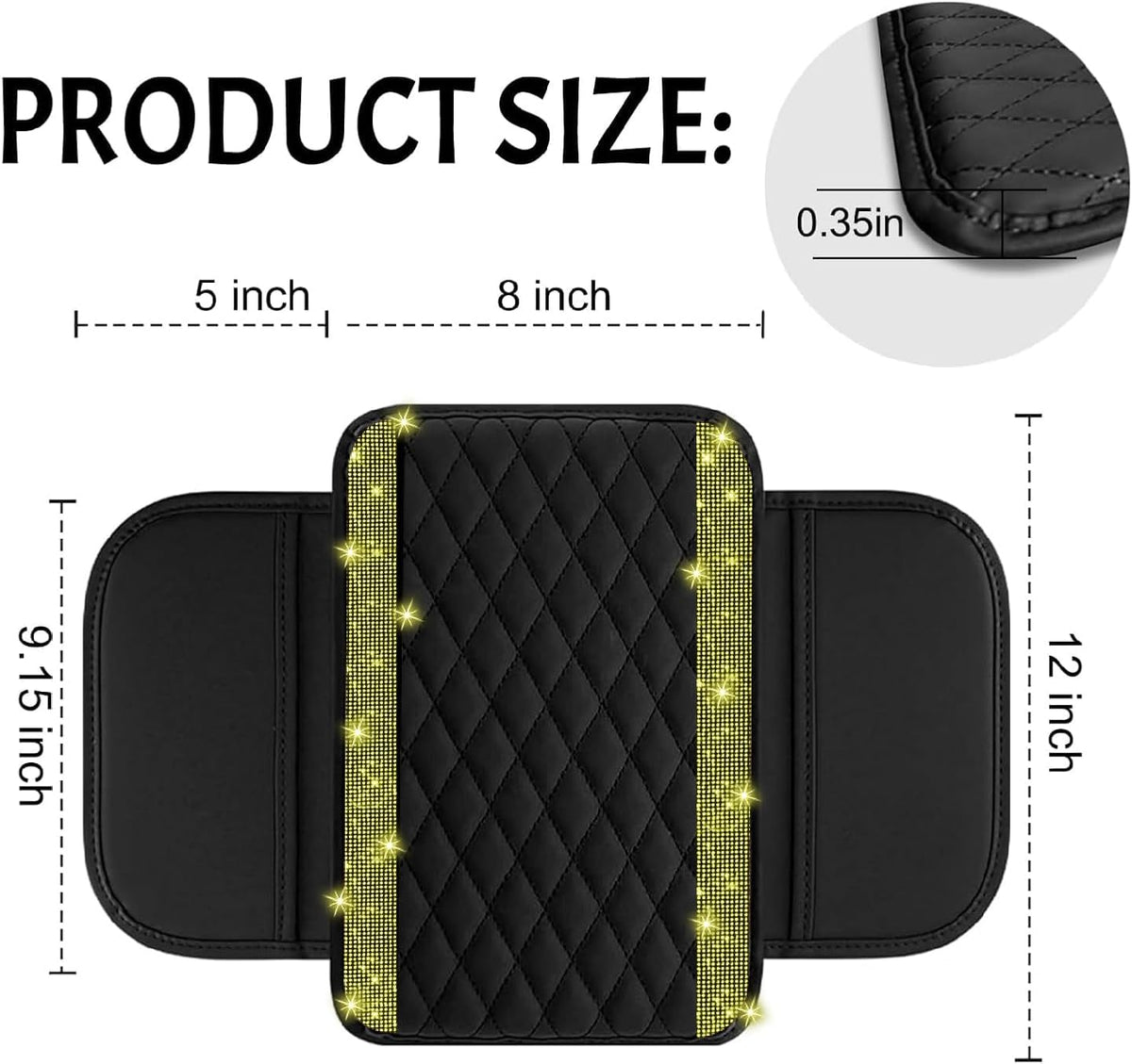 NBTEPEM Bling Car Center Console Cover, Leather Car Arm Rest Cover Cushion with 2 Storage Bags, Middle Console Cover Universal Armrest Protector Pads, Bling Accessories for Most Vehicles (Yellow)