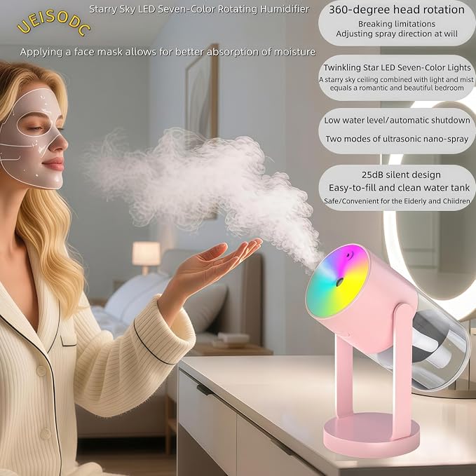 UEISODC Bedroom Humidifier, USB Mini Portable Humidifier with Ultrasonic Nano-Fine Mist, Auto Shut-Off, Rotatable Design, Quiet Operation, and Easy Refilling & Cleaning