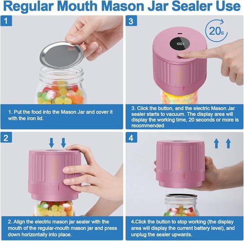 LOVE MOMENT Electric Mason Jar Vacuum Sealer Kit - Ideal for Wide & Regular Mouth Jars | Pink
