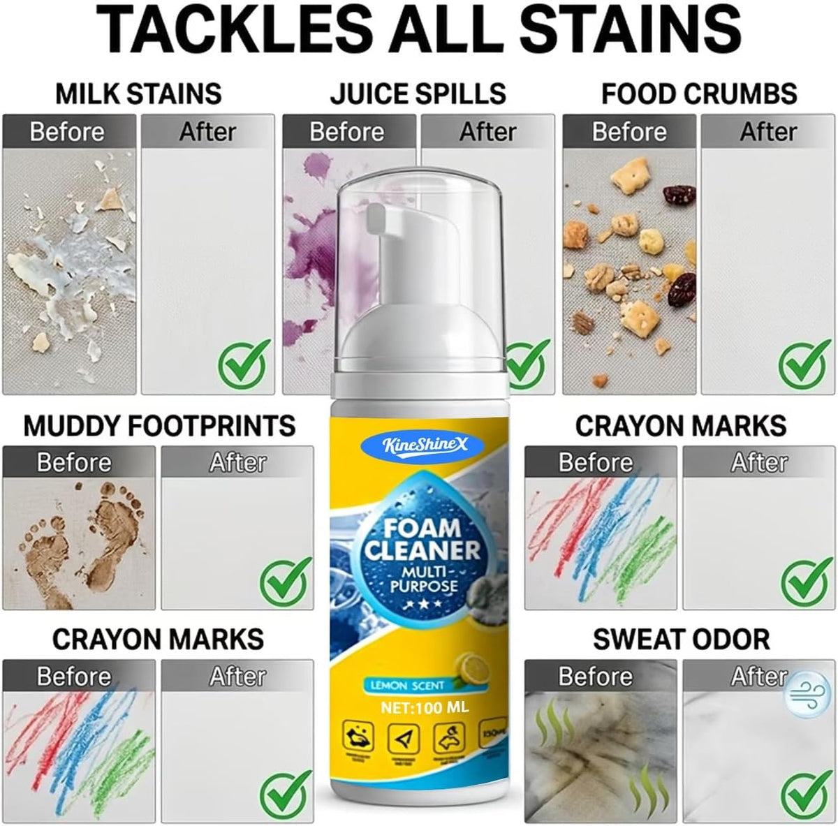 4-in-1 Multi-Enzyme Foam Cleaner, New Foam No-Rinse Multi Purpose Cleaner, Deep Cleaning Spray for Car Interior, Kitchen Grease, Bathroom Tiles, Sofa Upholstery(2PC)