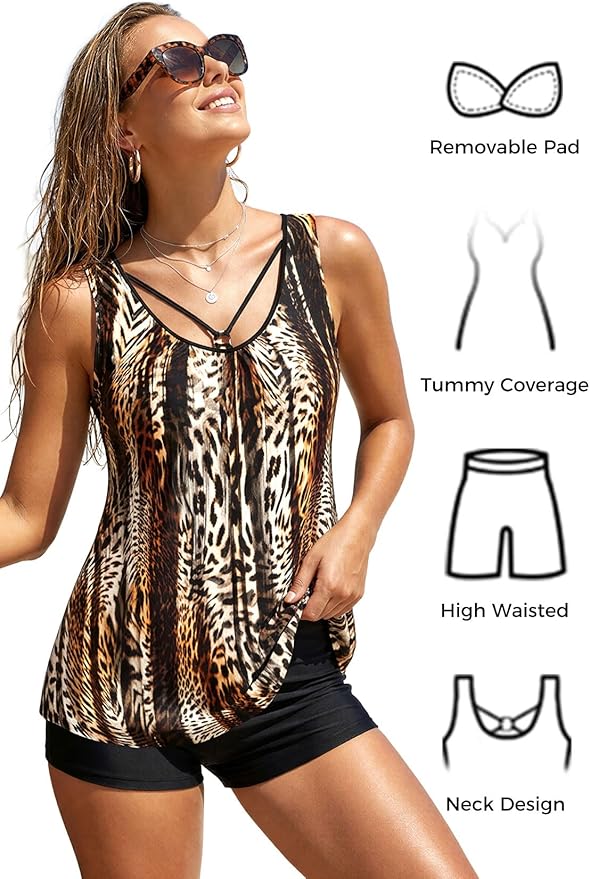 MODLILY Tummy Control Womens Tankini Swimsuits, Two Piece Metal Ring Bathing
