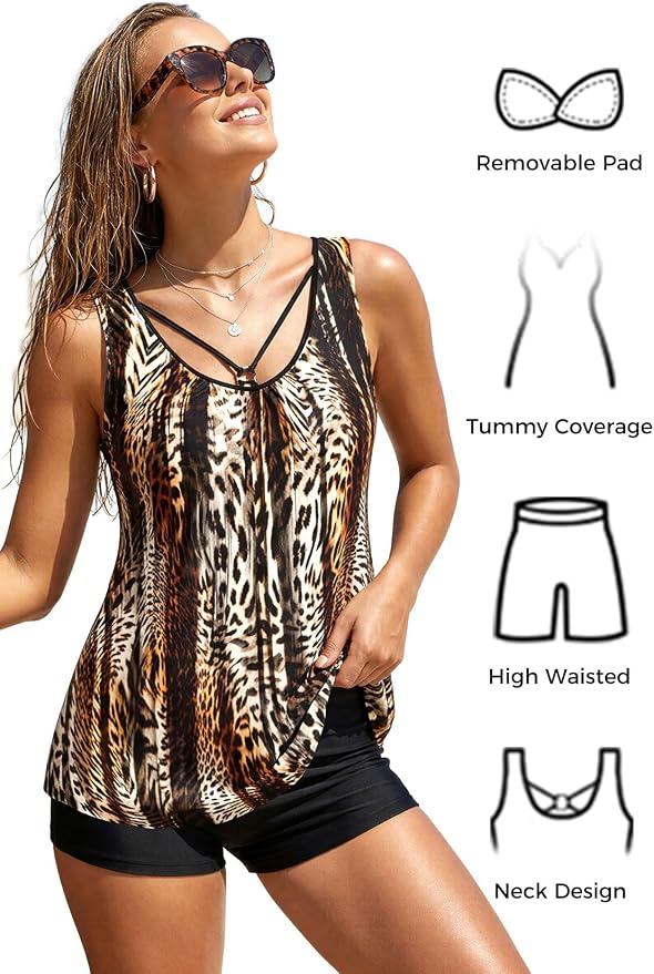 MODLILY Tummy Control Womens Tankini Swimsuits, Two Piece Metal Ring Bathing