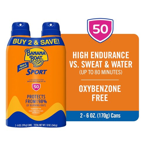 Banana Boat Sport Ultra SPF 50 Sunscreen Spray - Water Resistant & Oxybenzone Free | 6oz Twin Pack