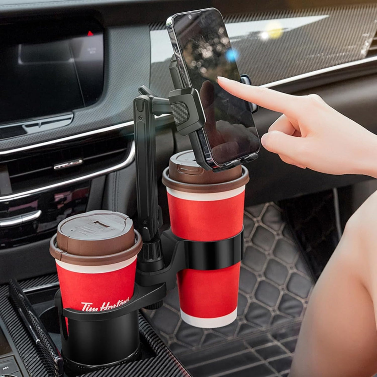 4 Styles Multifunctional Options Automatic Car Cup Holder/Tray/Phone Holder Expander,Adjustable Arms & Extendable Base Insert,360°rotation， Compatible with Phones and Most Bottles (phone-double cup)