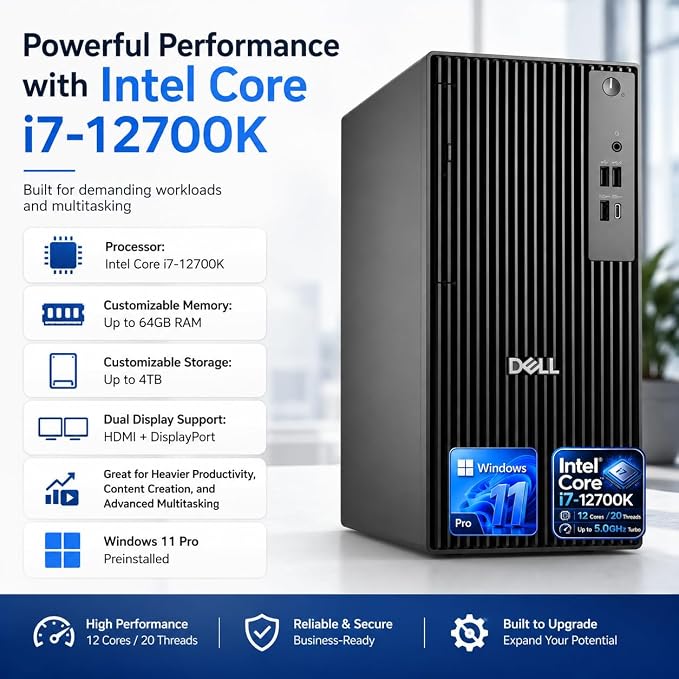 Dell Desktop Tower, Intel Core i7-12700K(12 Cores, 20 Threads) Processor, 32GB DDR5 RAM, 1TB PCIe SSD, Dual 4K Monitor Support (HDMI & DP), Wi-Fi, Bluetooth, USB-C, Windows 11 Pro, Wired KB & Mouse