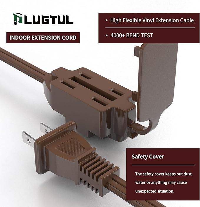 PLUGTUL Indoor Brown Extension Cord 6 Feet, 3-Outlet Household Extension Cord, 2 Prong, 16Gauge, 3 Polarized Outlets with Safety Cap Protect for Home Office, 16/2 SPT-2 ETL Listed