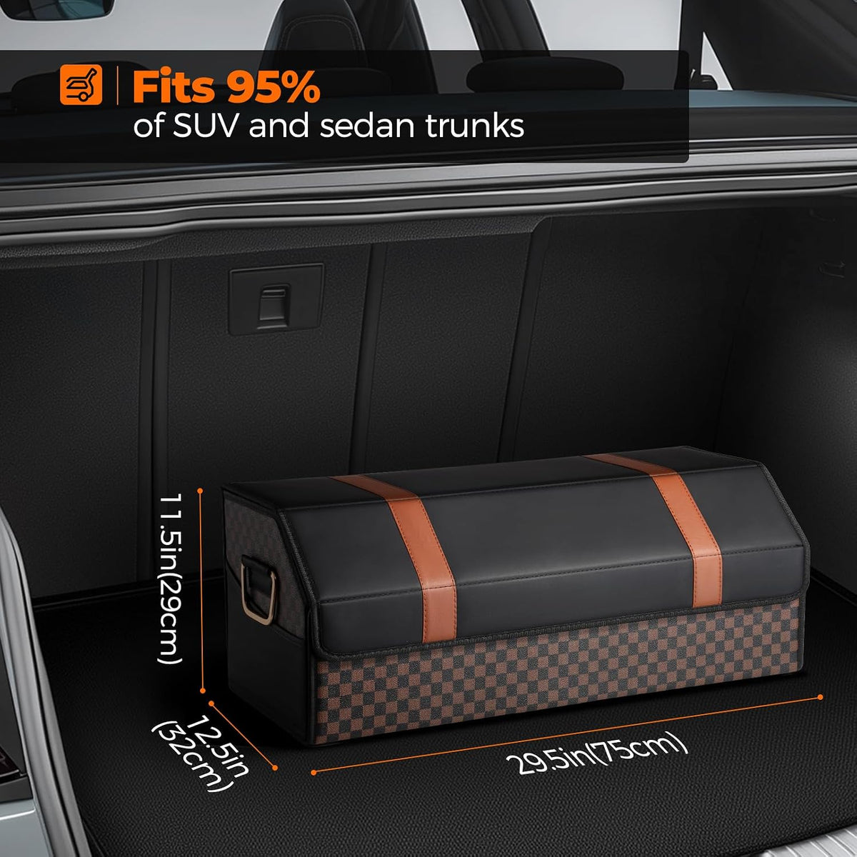 Fyzeoty Car Trunk Organizer for SUV and Sedan, Orange‑Stripe Plaid, 29.5 in