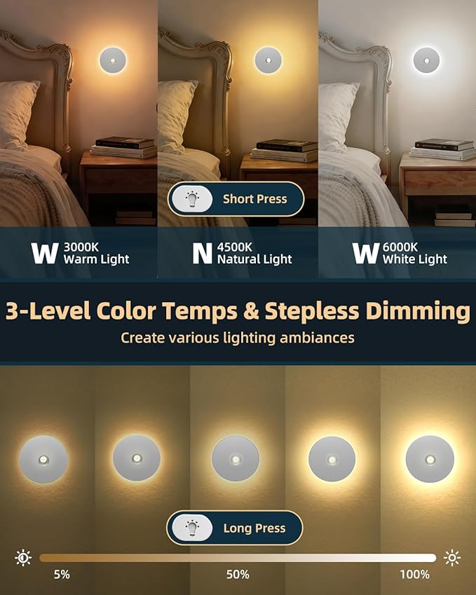 Yiliaw Motion Sensor Night Light, Rechargeable Nightlight Indoor, Dimmable Warm White with Wireless Magnetic Mount, Adjustable Brightness & 3 Color Temps for Hallway, Stair, Bathroom, Closet (4 Pack)