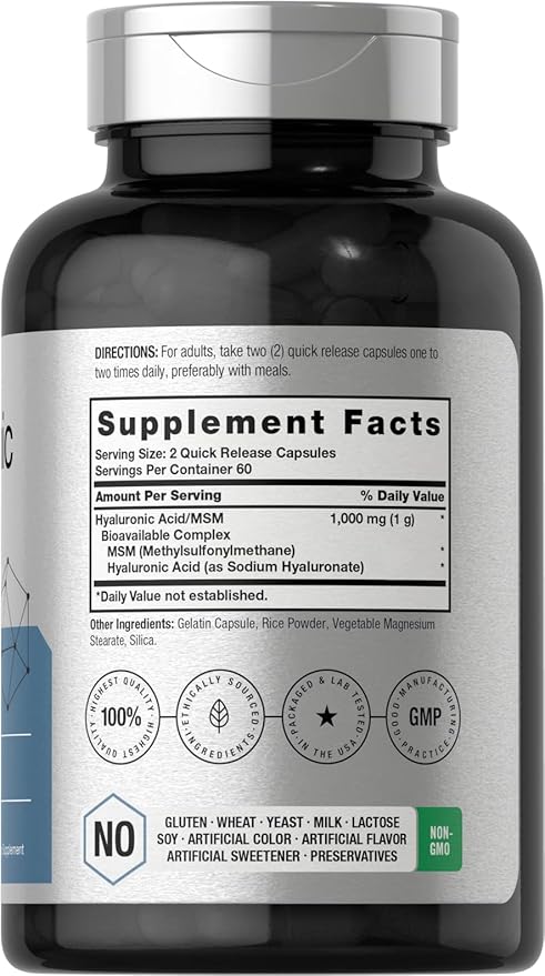Horbäach Hyaluronic Acid with MSM | 1000 mg | 120 Capsules | Non-GMO and Gluten Free Supplement | Bioavailable Formula