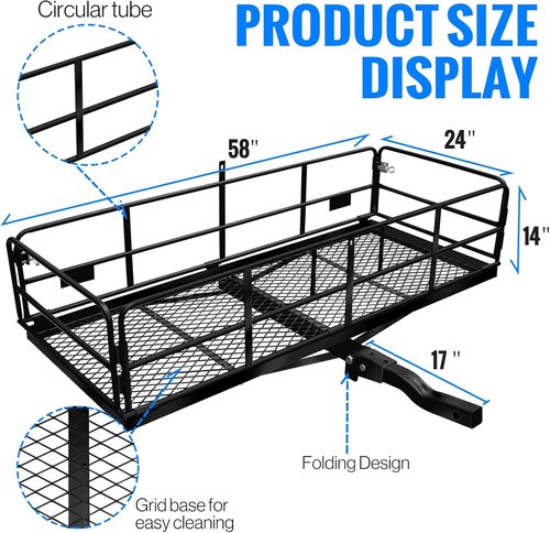 LWTURMRT Cargo Carrier Basket - 58" x 24" x 14" Folding Hitch Mount for SUVs | 500LBS Capacity, Black with Bag