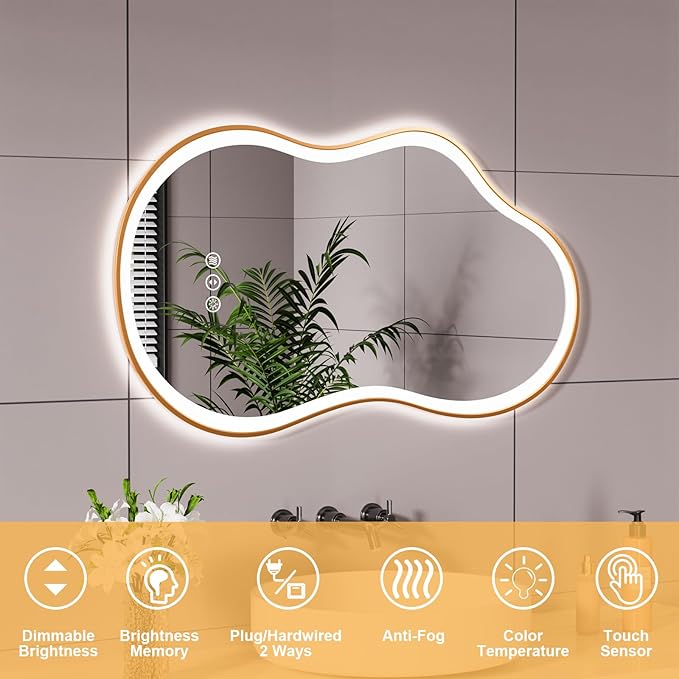WTTY LED Irregular Bathroom Mirror 26x46 Inch with Front & Back Lights - Asymmetrical Design, Anti-Fog, Dimmable 3 Color Temperatures, Shatterproof Glass, Horizontal or Vertical Mount (Gold Frame)