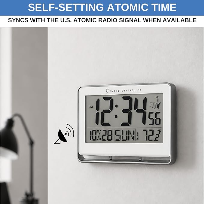 Atomic Digital Wall Clock, Battery-Operated, Large 2" LCD Numbers, Self-Setting
