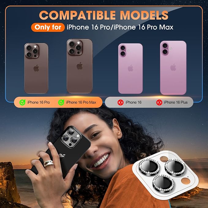 for iPhone 16 Pro/16 Pro Max Camera Lens Protector Bling Individual Metal